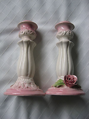 Pair of off-White/pink Capodimonte 7' candlesticks, vintage,VGUC