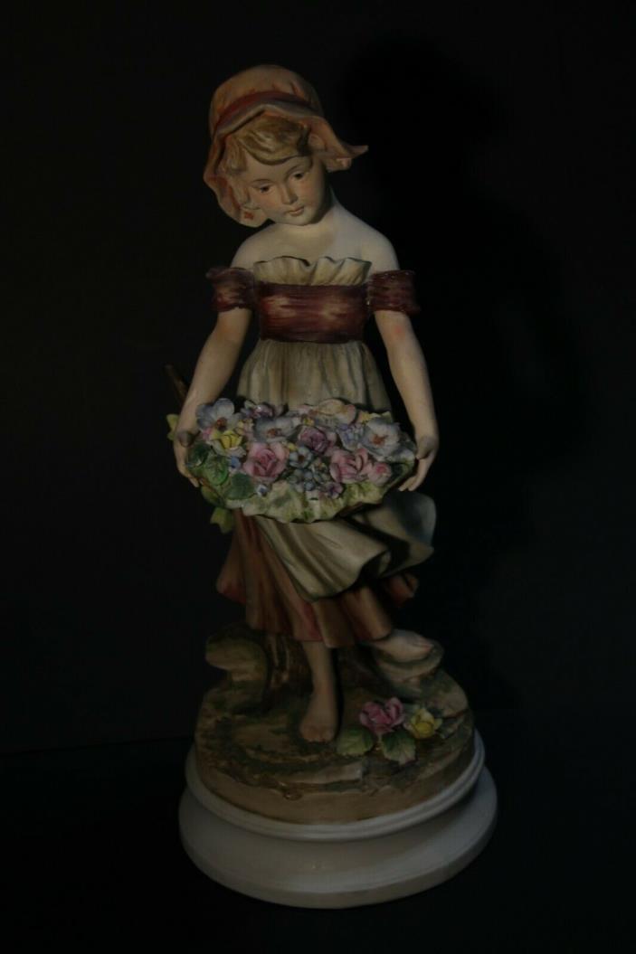 Vintage Figurine CAPODIMONTE  Girl holding basket with flowers - Made in Italy