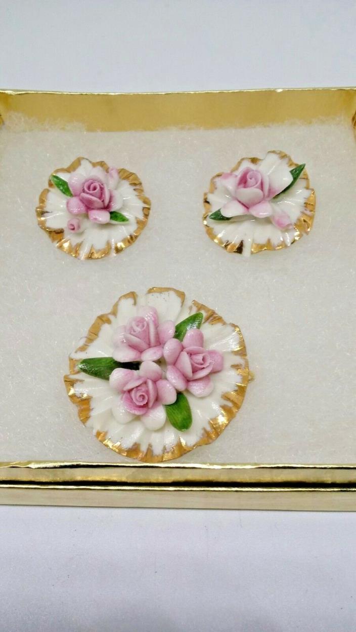 Vintage Carlo Savastano Capodimonte Porcelain Flower Brooch and Earrings