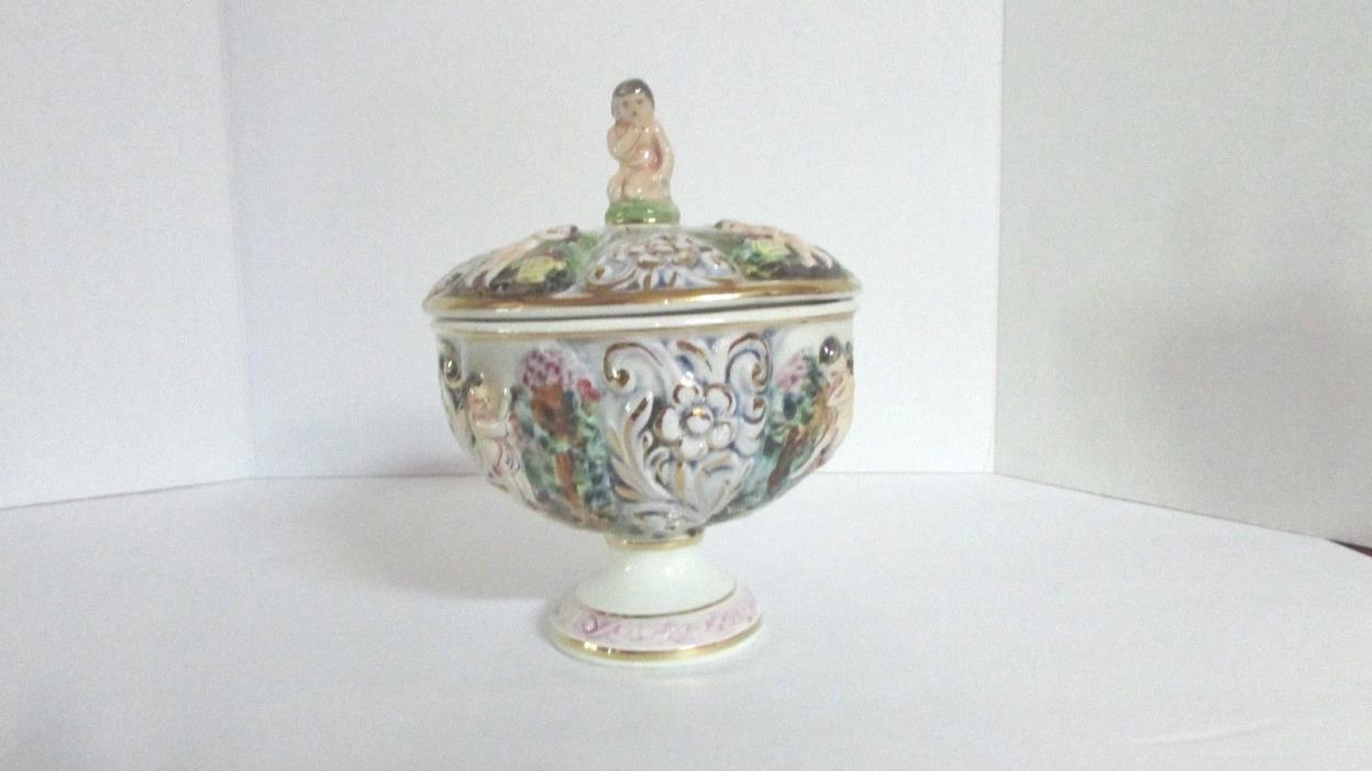 Vintage Hand Painted & Numbered E.B.R. Capodimonte Cherub Footed Bowl with Lid
