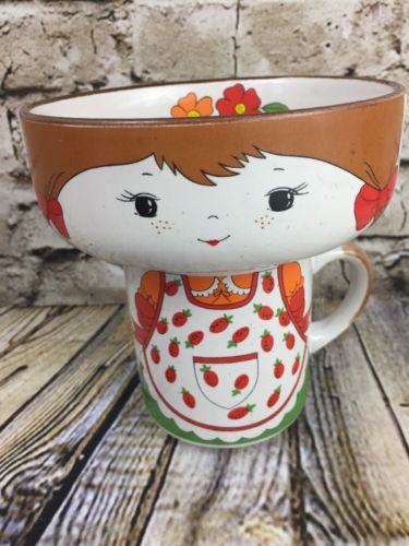 Vintage Stackable Girl Cup Mug Bowl Set Strawberry Apron Flowers Interpur