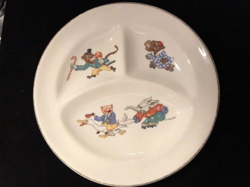 Vintage Child's Divided Plate ~ Monkey,Hippo,Elephant & Pig Characters on Skates