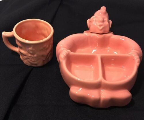 Antique CLOWN PINK HANKSCRAFT Glazed Baby Divided Ceramic Hot Water DISH & CUP