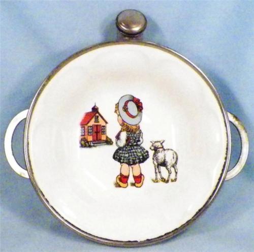 Vintage Baby Warming Dish Little Girl Lamb School House Pottery Bowl Metal Base