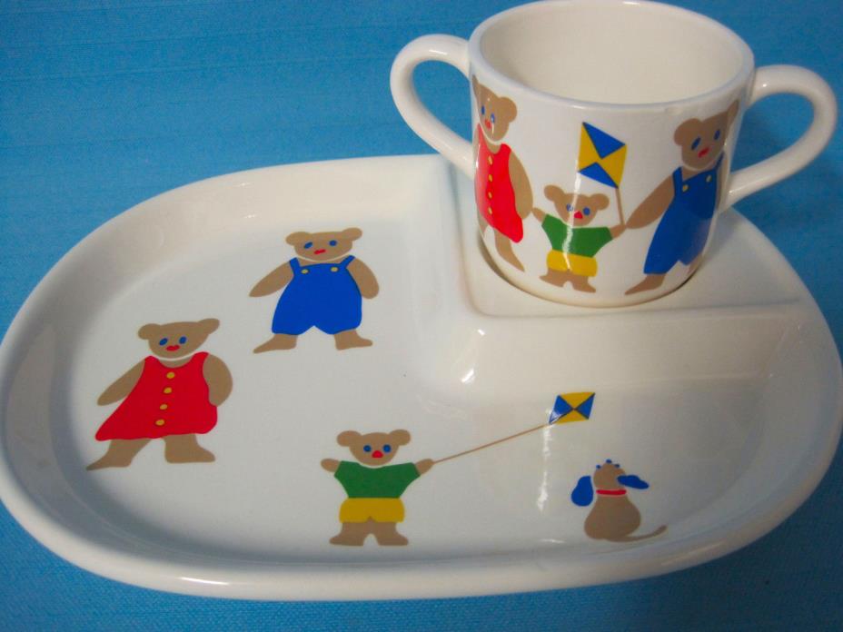 Children's Plate & 2 Handle Cup Porcelain Set Teddy-Bear Design Red Blue