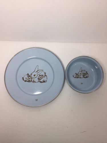 Vtg Bunny Bowl Dish Set Metal Porcelain Blue Childrens Place Setting Vintage