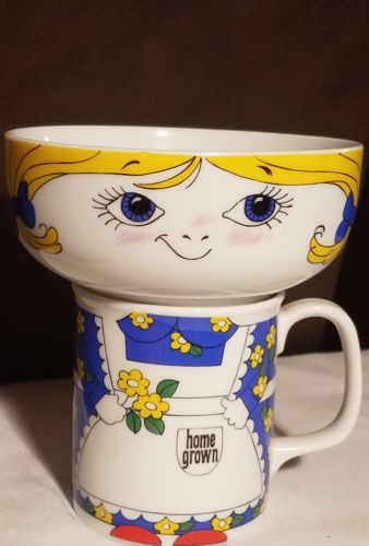 Vintage Porcelain Leonard Bowl and Mug Cup Girl Stackable Serving Set 1979
