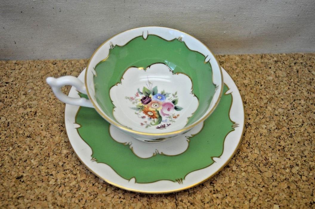 Vintage Coalport Tea Cup & Saucer Green W/ Flower Bouquet
