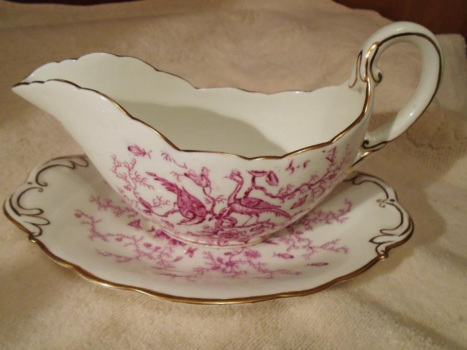 Gravy Boat + Tray Coalport Cairo Pink vintage birds insects England MINT