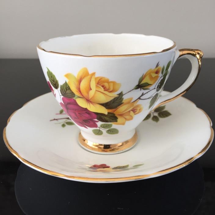 DelpHine Fine China Cabbage Rose Red YellowTeacup and Saucer