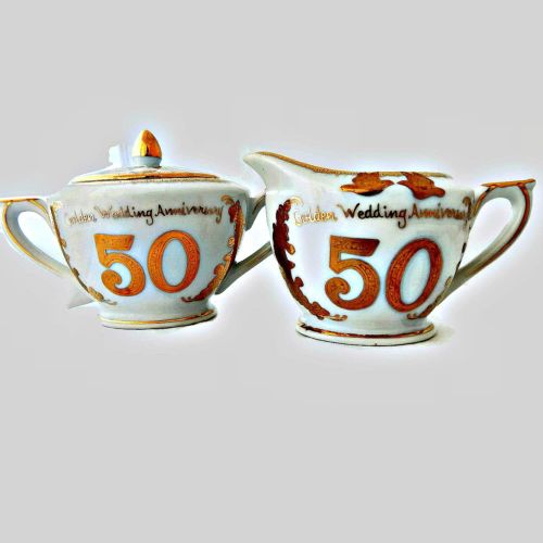 Vintage Norcrest Golden Anniversary Sugar Bowl Lid  Creamer Set Japan Gold Gilt