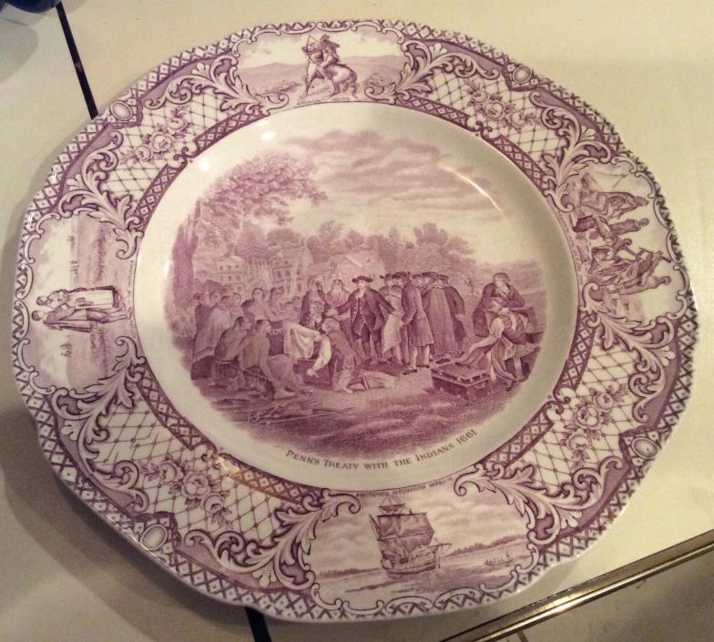 Crown Ducal Colonial Times Mulberry Dinner Plate Penn's Treaty w/ Inds. 1661