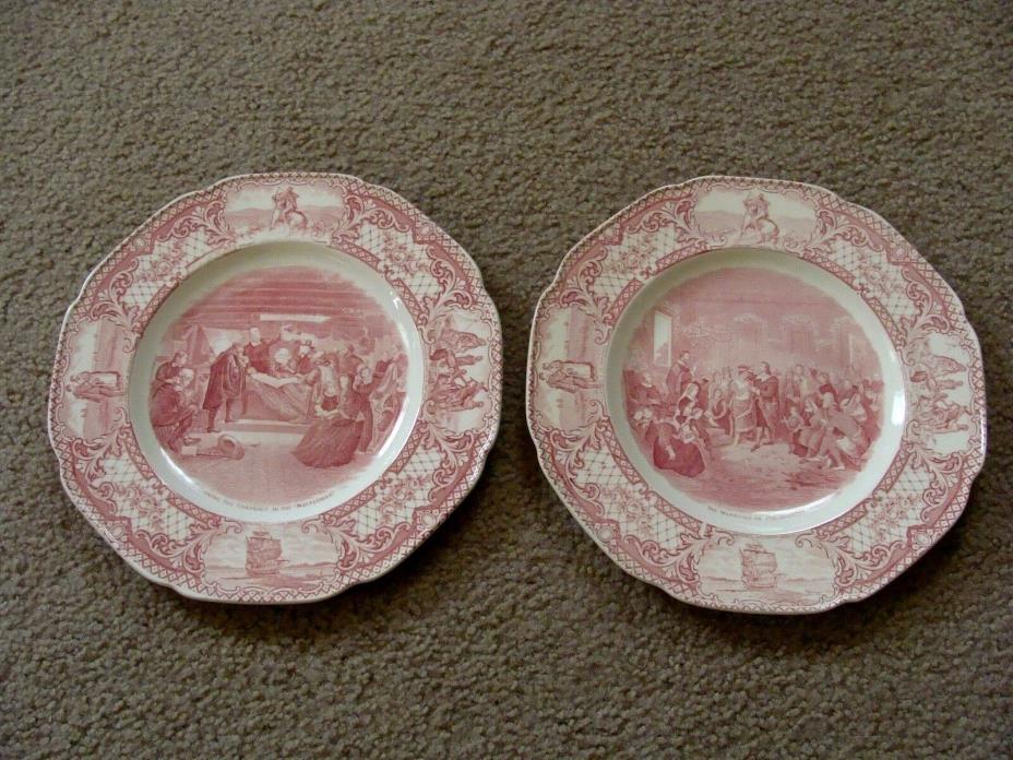 Two Vintage Crown Ducal Colonial Times Pink Plates - Pocohontas & Mayflower 10.5