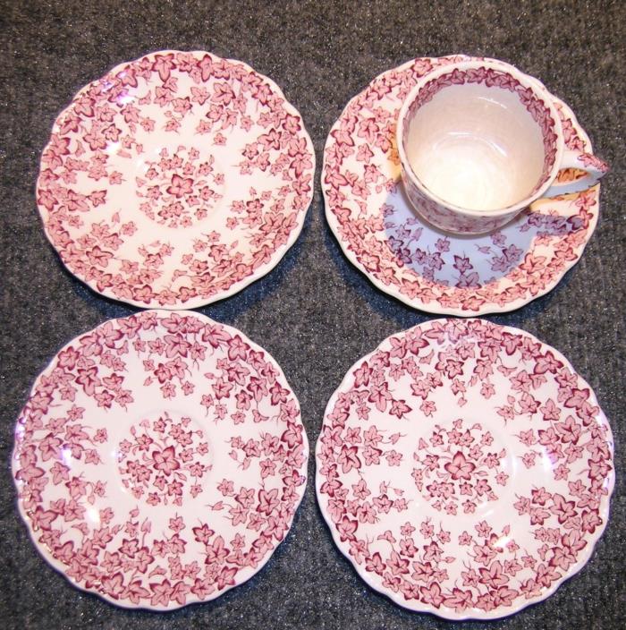 ANTIQUE SET OF 4 CROWN DUCAL PINK IVY SAUCERS EARLY ENGLISH IVY EXCELLENT