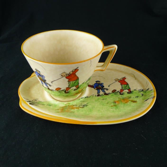 Vintage Crown Ducal Cup And Snack Saucer Golf Design 20's 30's England Scarce