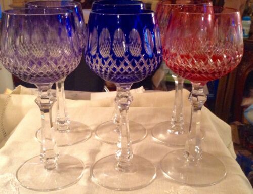 6 CUT CRYSTAL GOBLETS THREE COLORS CUT TO CLEAR  MINT GORGEOUS WATERFORD STYLE