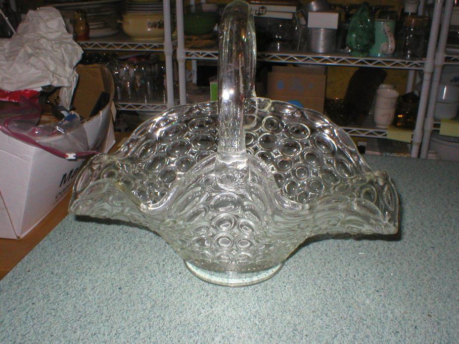 VTG Clear Glass Basket W/Circles Applied Handle Dish Bowl 11