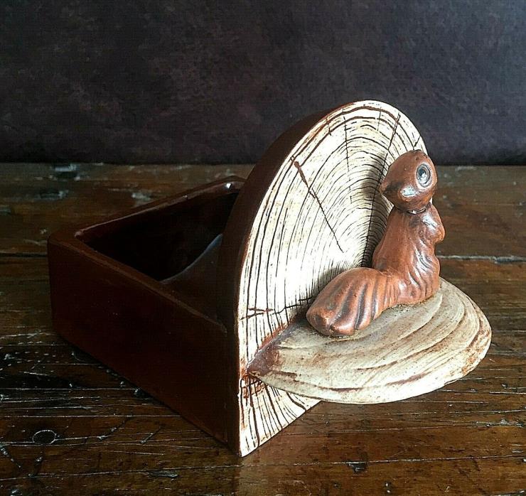 1980s Handmade Squirrel on a Log Nut Candy Dish Ceramic Pottery