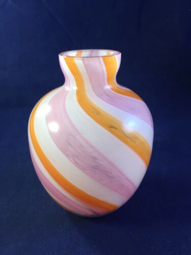 Art Glass Vase -hand blown- Pink/White/Orange Swirl Pattern.  4 1/4 