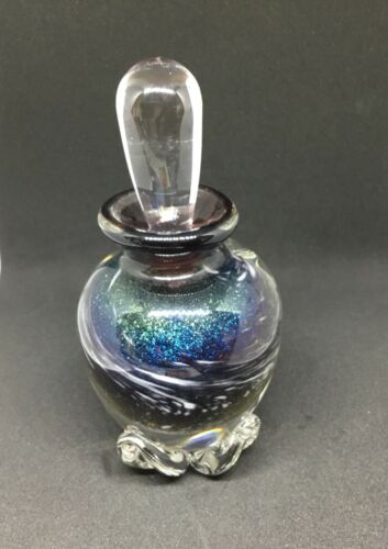 Vintage Clear Cased Amethyst Colorful Flake Swirl Art Glass Perfume Bottle