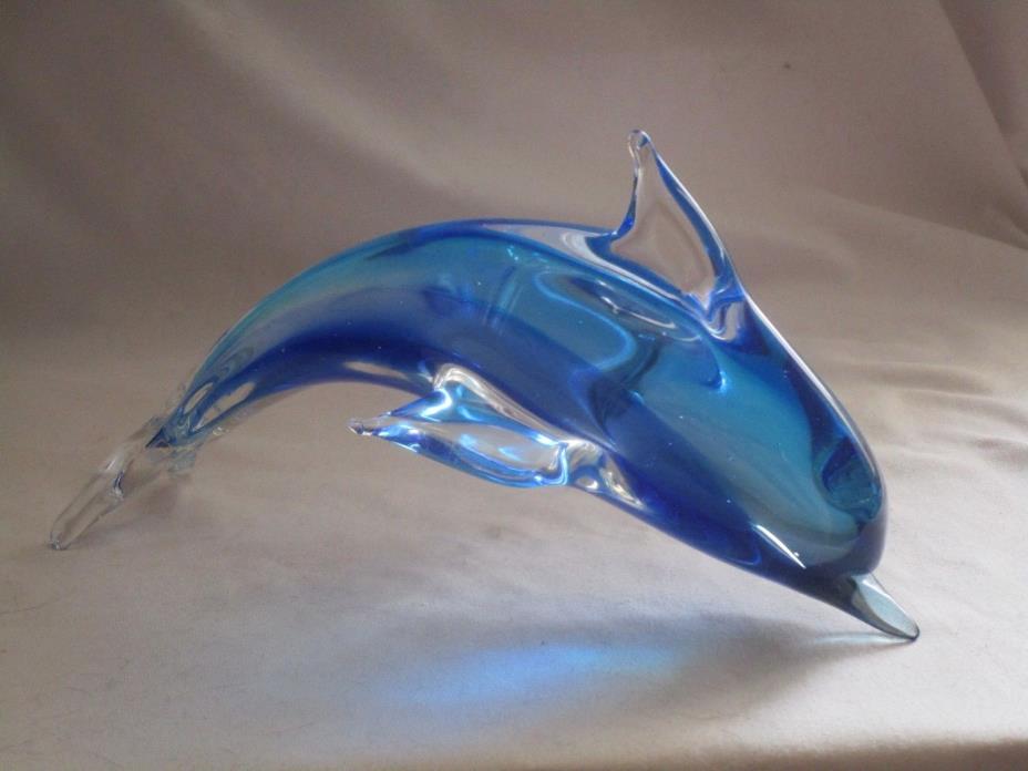 Vintage Art Blown Glass Arched Blue Dolphin Large 9.25