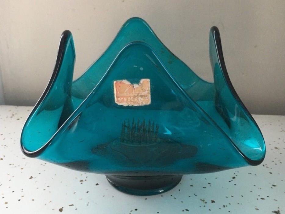 Vintage Viking Glass Turquoise Blue Arrangement Bowl with Spiked Flower Frog