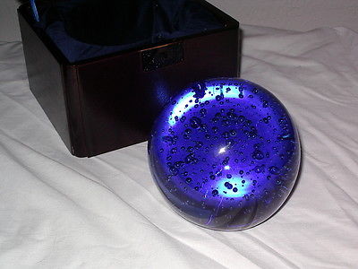 Vintage Art Glass Cobalt Blue Bubbles Round Crystal Ball with Wooden Case