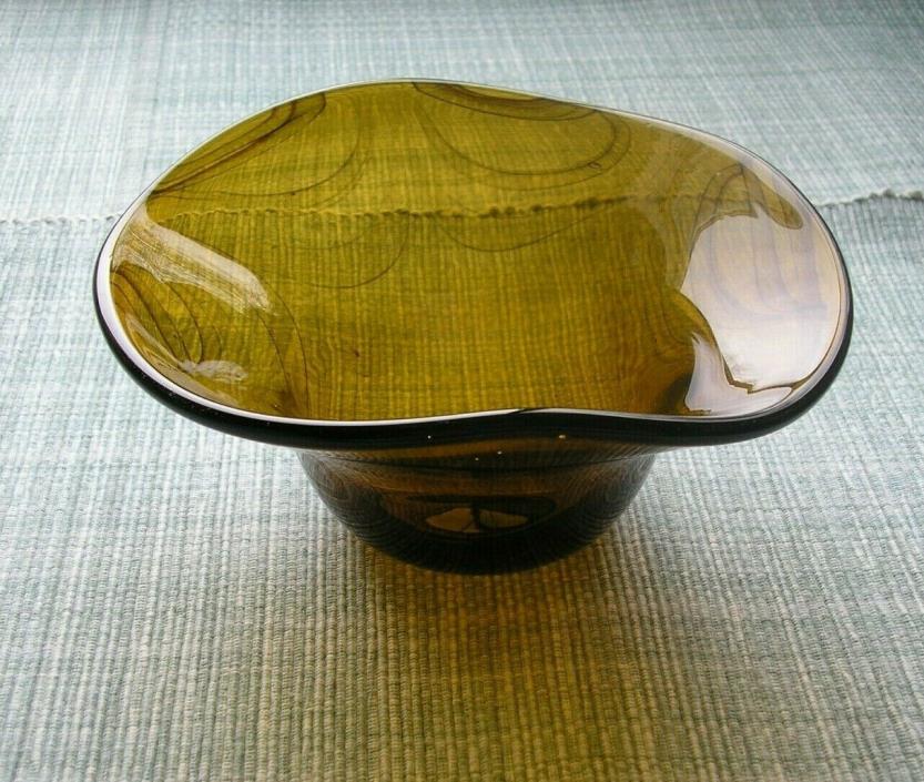 Small Hand Blown Art Glass Bowl - Brown/Amber with Darker Brown Swirls