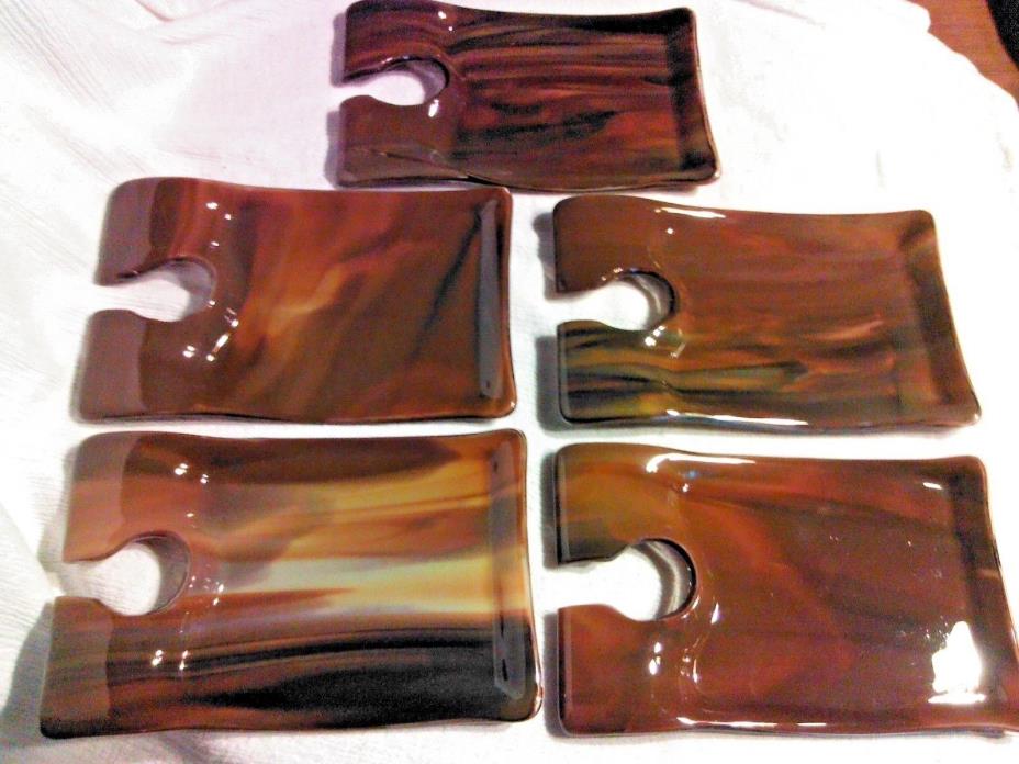 Five (5) Art Glass Mingling Plates Wine Glass Holder Appetizer Dishes
