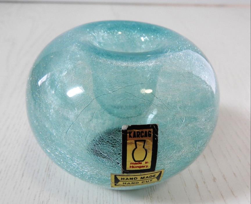 Vintage Karcag Hand Made Hand Cut Turquoise Art Glass Candle Holder Vase Hungary