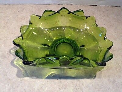 Vtg Green Stretched Glass Bowl Ashtray Candy Dish Scalloped Edge