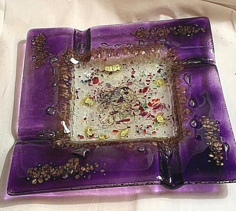 Gorgeous Purple Amethyst Fused Dichroic Glass Ashtray Gold Red Copper- Greece