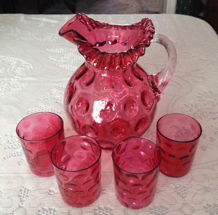 Vintage Cranberry Glass Water Set - 4 Tumblers - Perfect