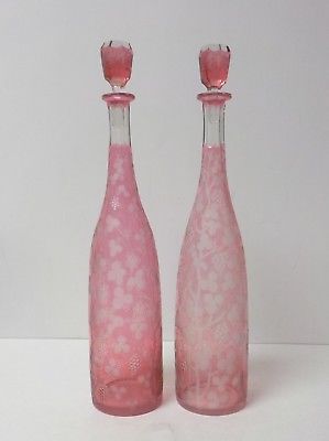Pair Antique Cranberry Cut-to-Clear Engraved Glass 14.5