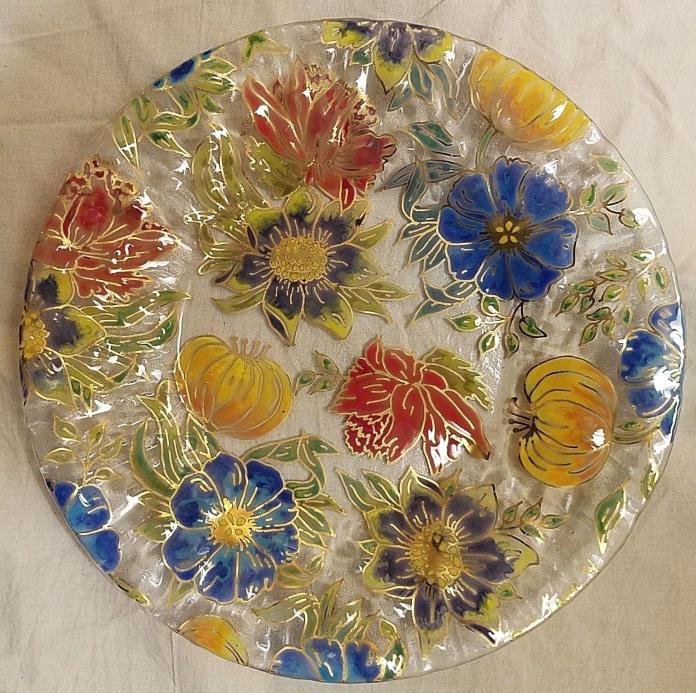 Hand painted gilded floral art glass plate Laura Turner 1974