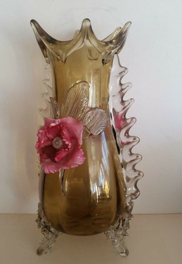 Large Hand Blown Amber and Clear Vase with Applied Pink Flowers   14