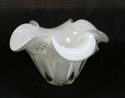 White Cased Paperweight Art Glass Cloverleaf Vase  #1351