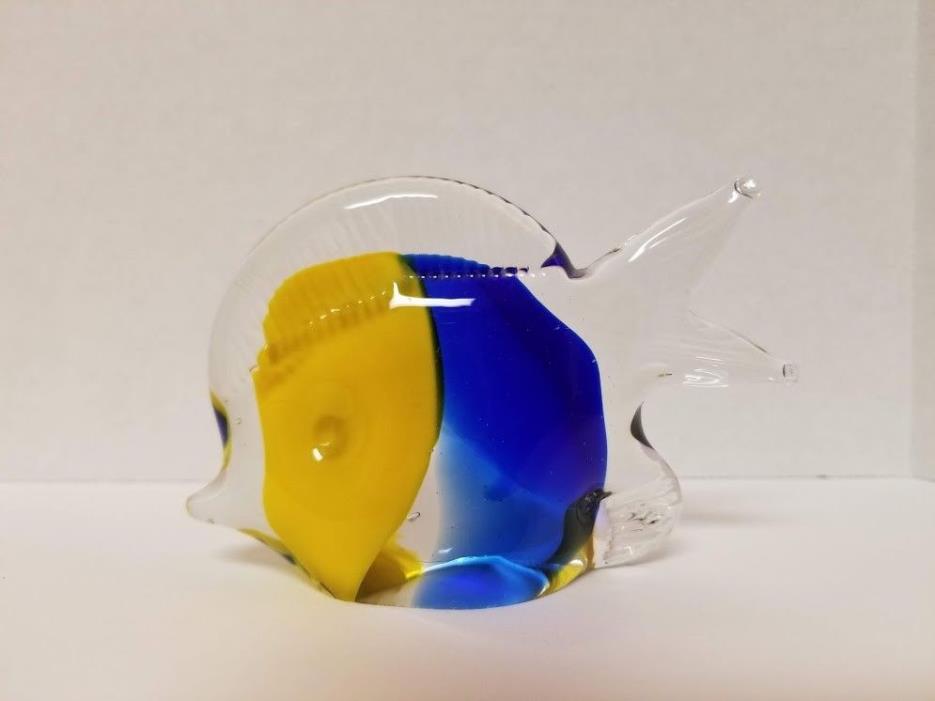 Murano Style Blue and Yellow Fish Paperweight -  4-1/2