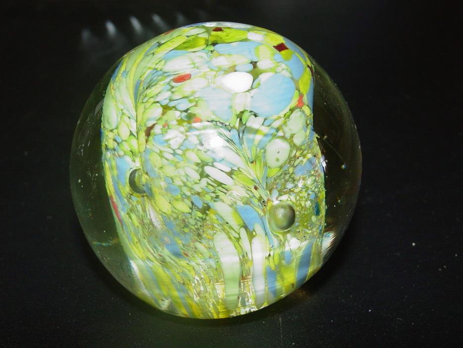 Murano Glass Paperweight, green blue eyllow white with bubbles 2 1/2