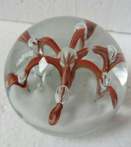 Vintage Blown Art Glass Paperweight Orange Ribbon Octopus Controlled Bubble