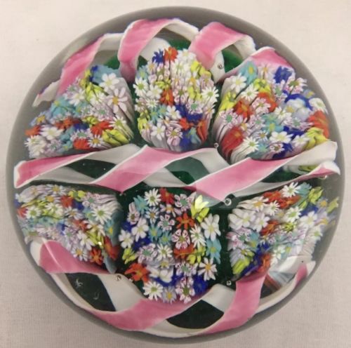 Amazing Close-Packed Millefiori Flowers Pink Ribbon Swirl Paperweight EXCELLENT