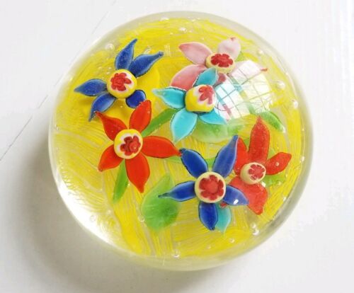 Vintage Blown Studio Art Glass Paperweight Yellow with colorful flowers lampwork