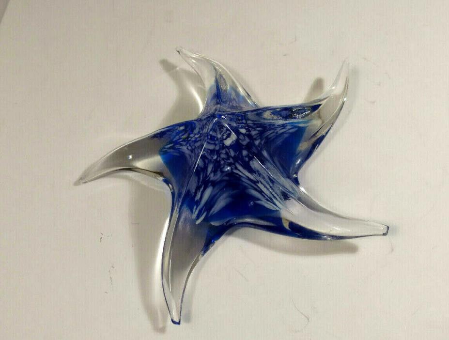 Vintage Hand Blown Glass Starfish Paperweight Blue Clear