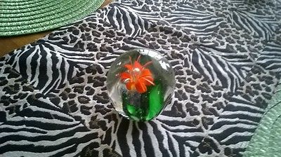 Clear Glass Paperweight With A Red Flower & Green Stem Inside