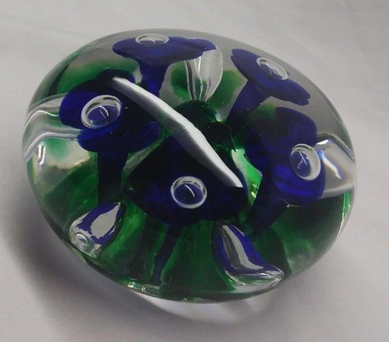 Hand Blown Glass Paperweight Blue Trumpet Orchid Flower Controlled Bubble