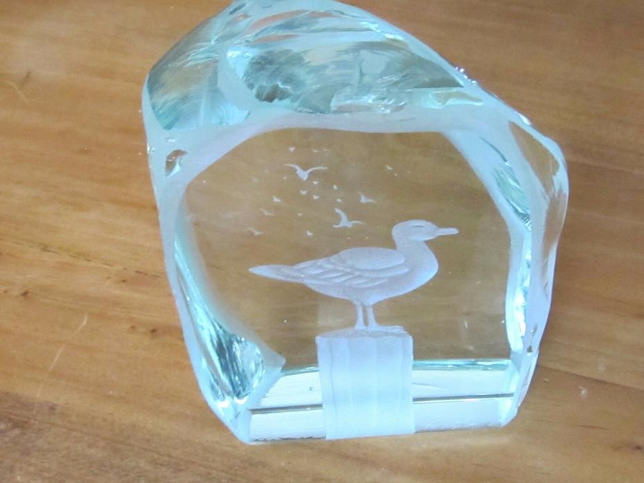 Clear Glass Etched Block seagull sculpture paperweight signed