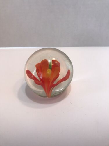 Paperweight Round Glass With Orange Flower Inside