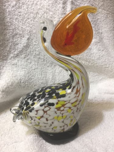 Murano Art Glass Pelican With Red Fish