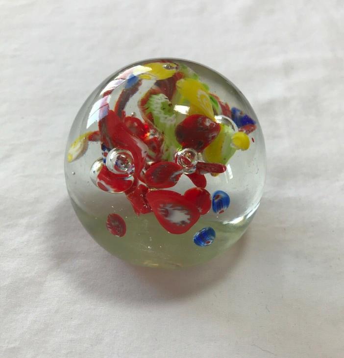 Clear Glass Round Paperweight Floral Red Yellow Blue Bubble Decorative Flowers
