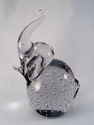 Vintage Mid-Century Bubble Crystal Elephant Paperweight Sculpture -Estate Find